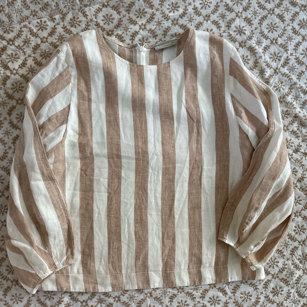 Everlane Tan and White Striped Blouse